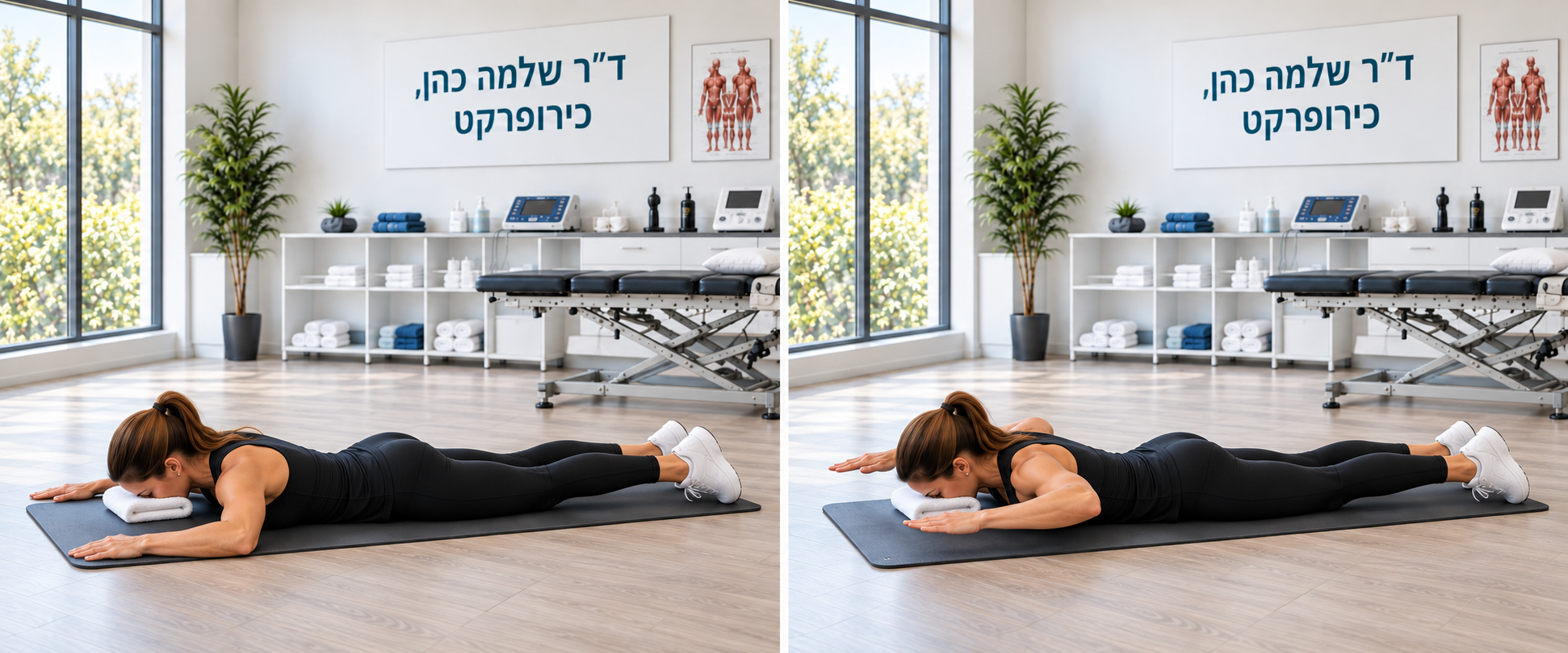 הרמת זרועות בצורת W בשכיבה על הבטן, עם תמיכה למצח — התחלה וביצוע