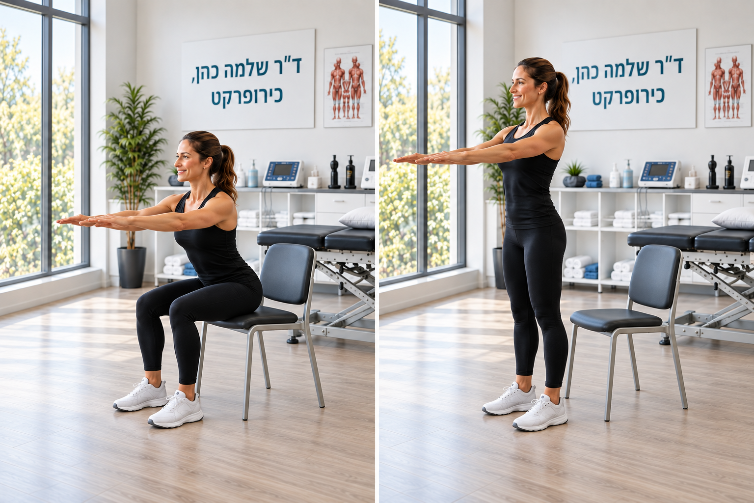 הדגמת קימה וישיבה מכיסא — אותה מתרגלת בבגדי ספורט שחורים במרפאת ד״ר שלמה כהן