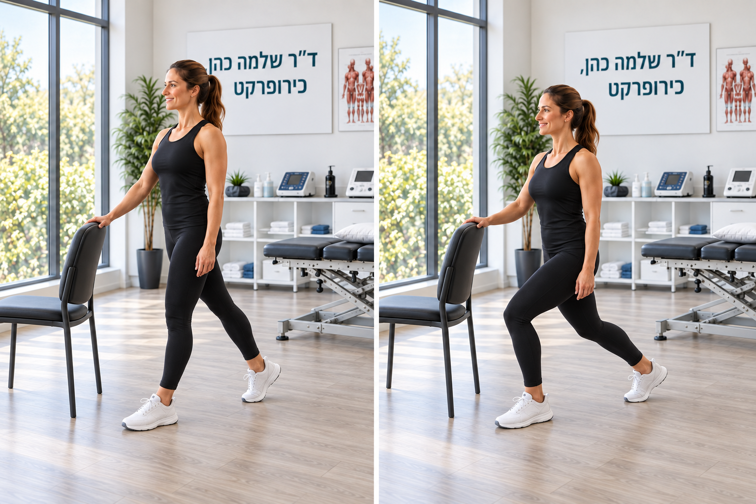 כפיפת ברכיים בעמידת פסיעה רדודה, עם תמיכה — התחלה וביצוע