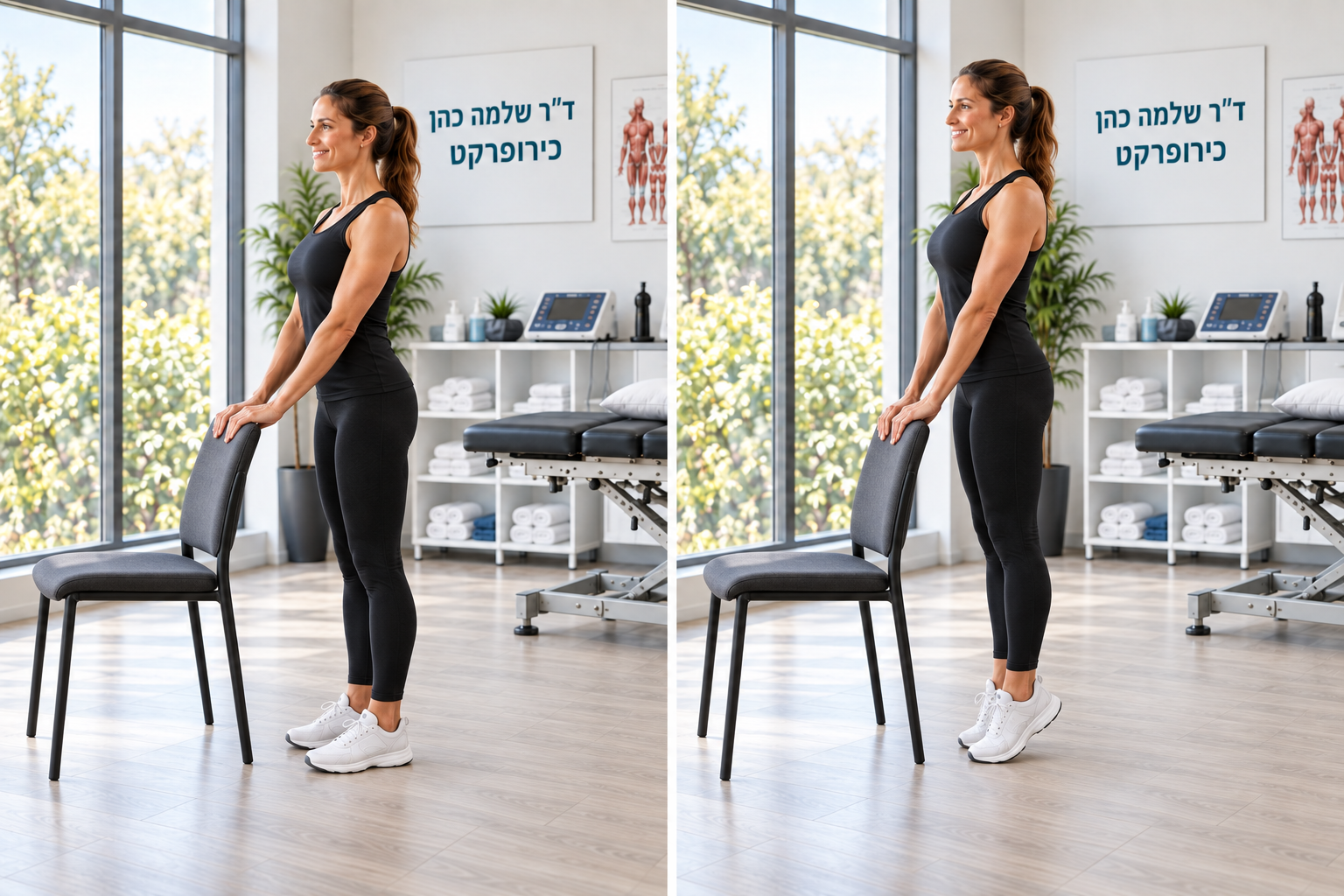הדגמת עלייה על קצות האצבעות — אותה מתרגלת בבגדי ספורט שחורים במרפאת ד״ר שלמה כהן