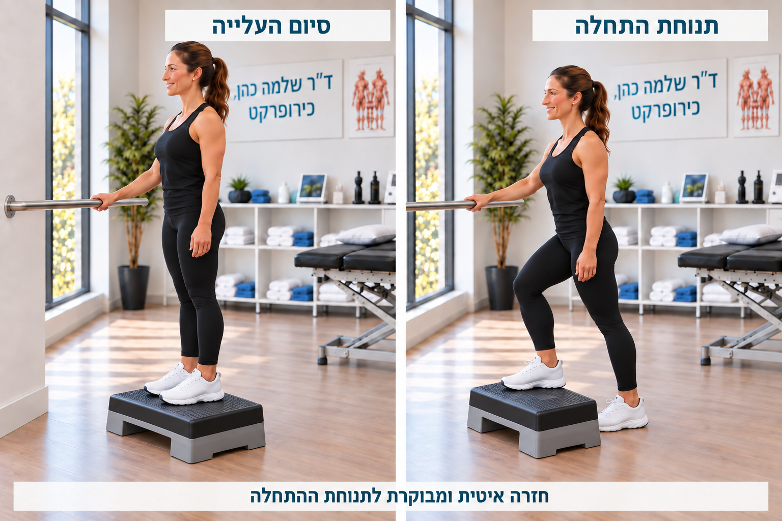 עלייה למדרגה עם אחיזה במעקה, מעמדת מוצא ועד עמידה על המדרגה