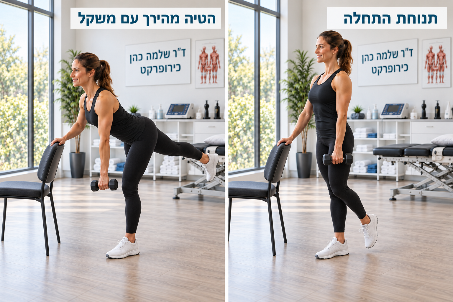 הטיית גוף מהירך על רגל אחת עם משקולת ביד אחת ותמיכה בכיסא ביד השנייה