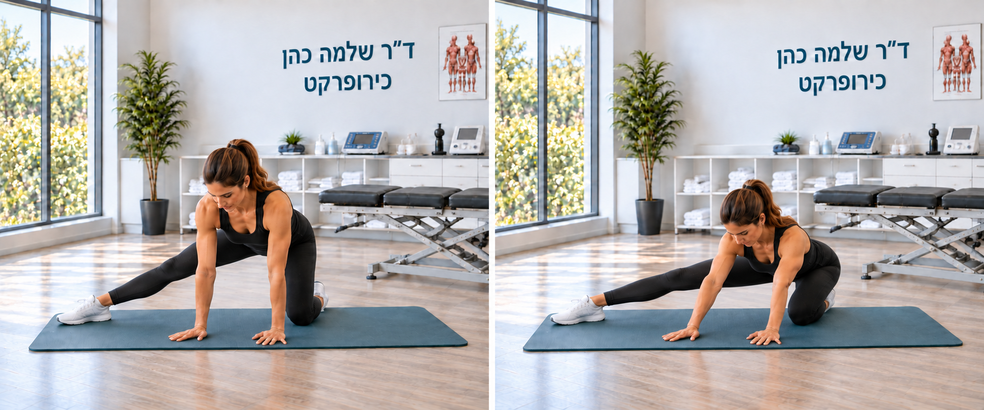 הנעת האגן לאחור עם רגל פתוחה הצידה — התחלה וסיום