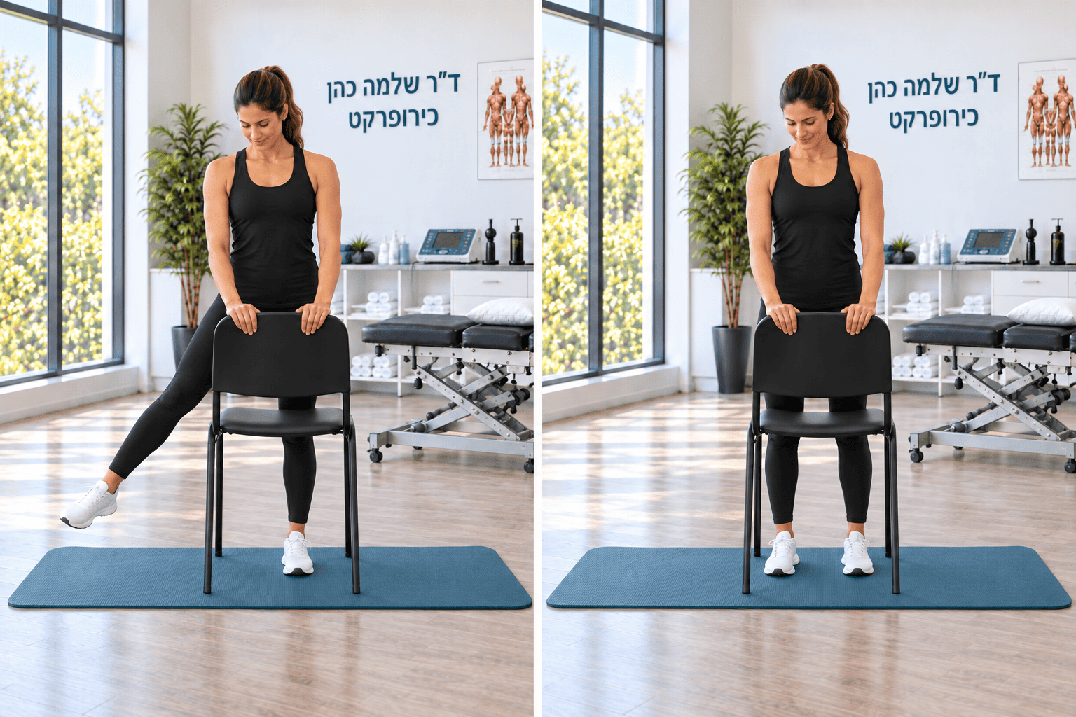 הנעת הרגל הצידה בעמידה עם תמיכה — תנוחת התחלה ותנוחת סיום