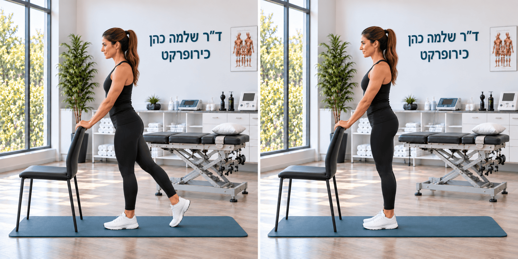 הנעת הרגל לאחור בעמידה עם תמיכה — תנוחת התחלה ותנוחת סיום