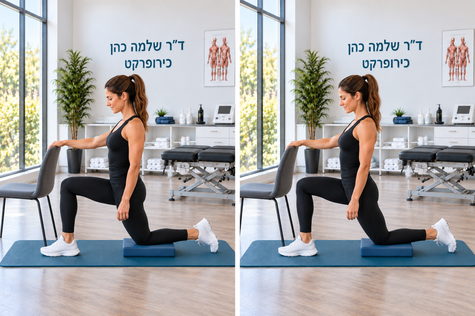 מתיחה עדינה של קדמת הירך בחצי כריעה — תנוחת התחלה ותנוחת סיום