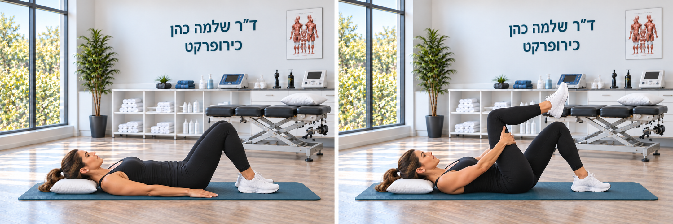 קירוב ברך לכיוון החזה בתמיכת הידיים — תנוחת התחלה ותנוחת סיום