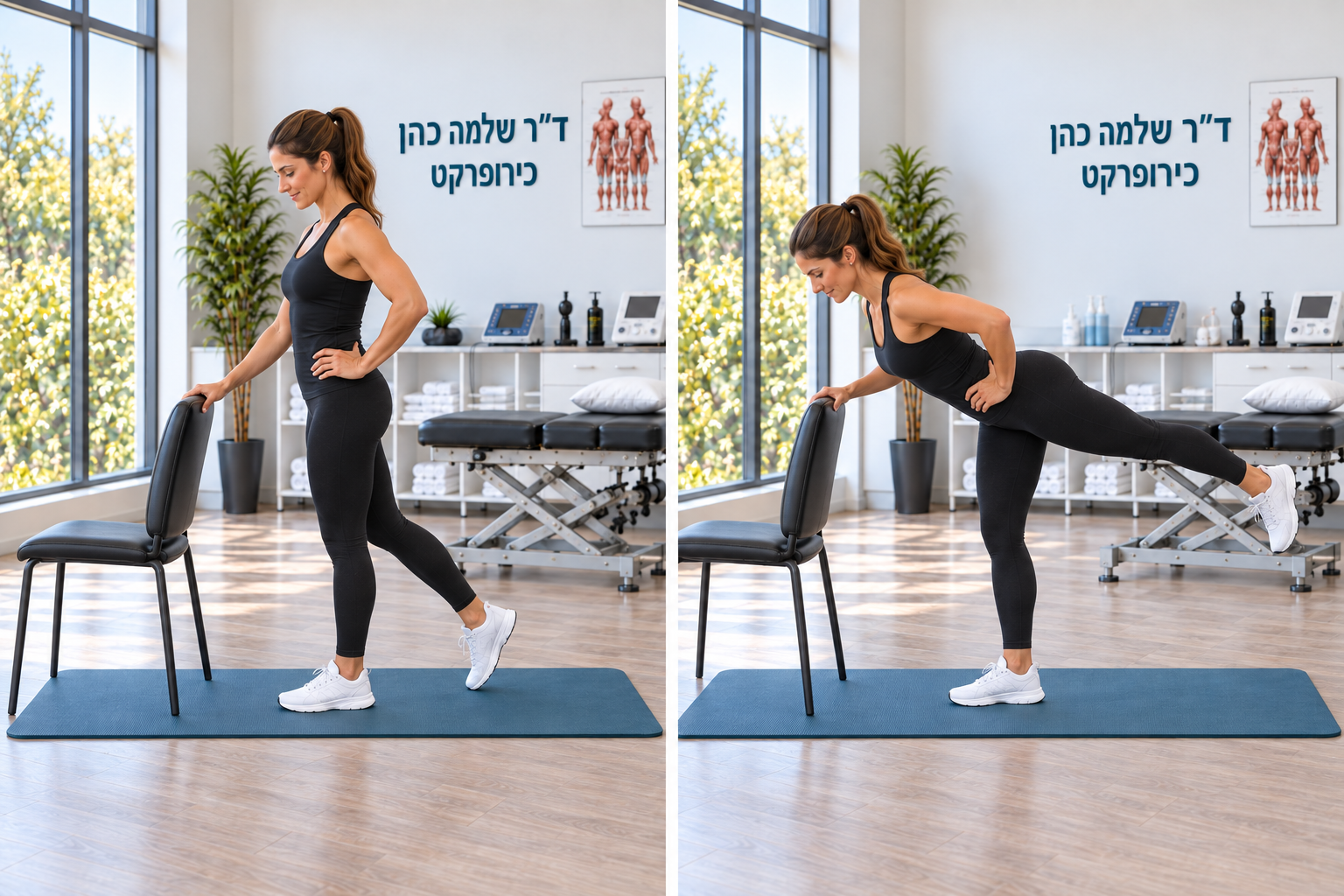 הטיית גוף קדימה ממפרק הירך על רגל אחת, עם יד על כיסא והרגל השנייה נעה לאחור