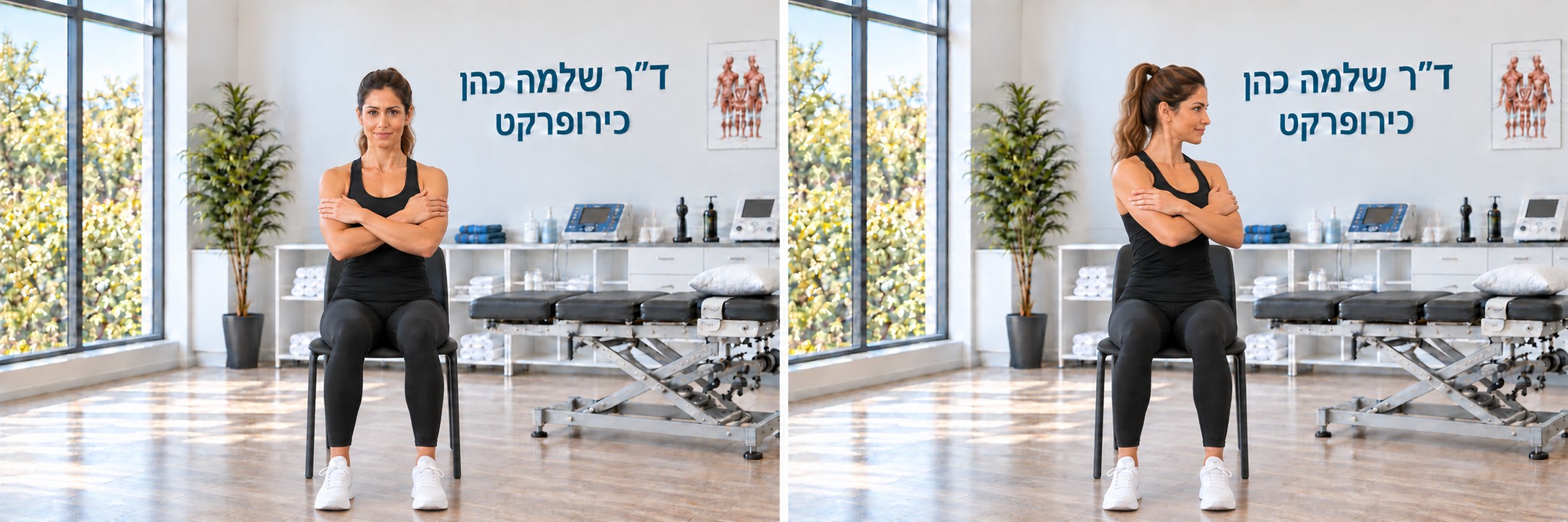 משמאל: הגוף פונה קדימה · מימין: בית החזה והראש מסתובבים יחד בטווח נוח.
