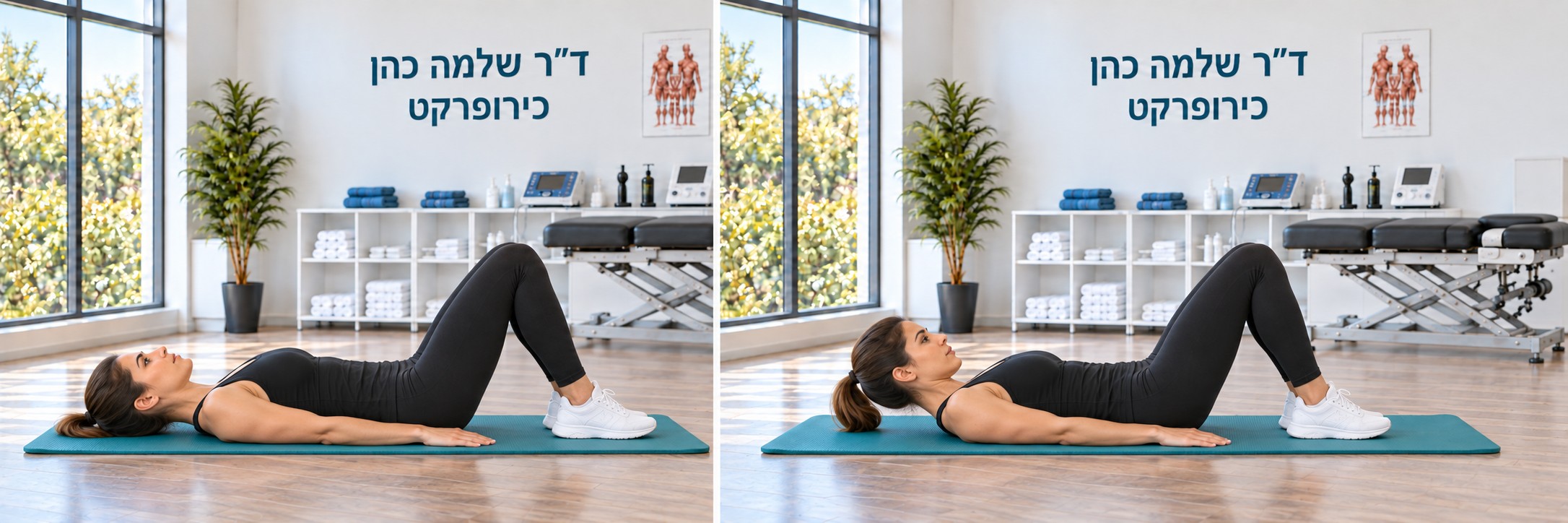 משמאל: הראש מונח על המזרן · מימין: הרמה קטנה עם סנטר אסוף, בלי להרים כתפיים.