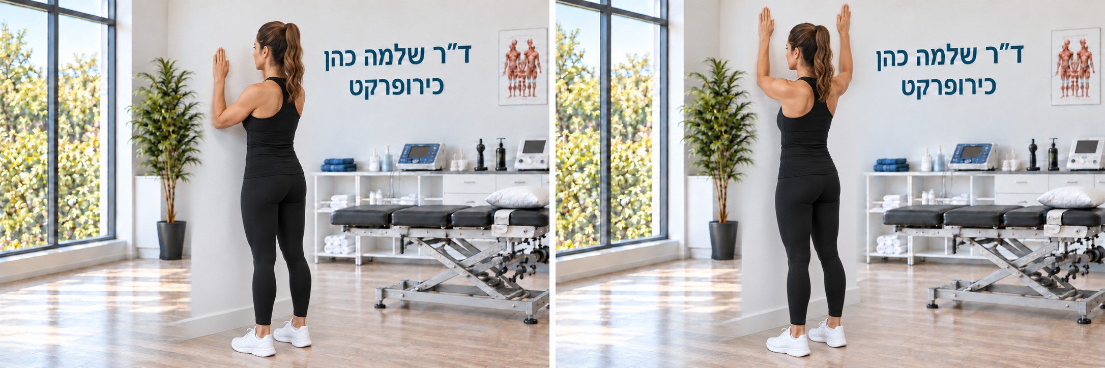 משמאל: האמות על הקיר בגובה ההתחלה · מימין: החלקה מעלה כשהצוואר נשאר נינוח.