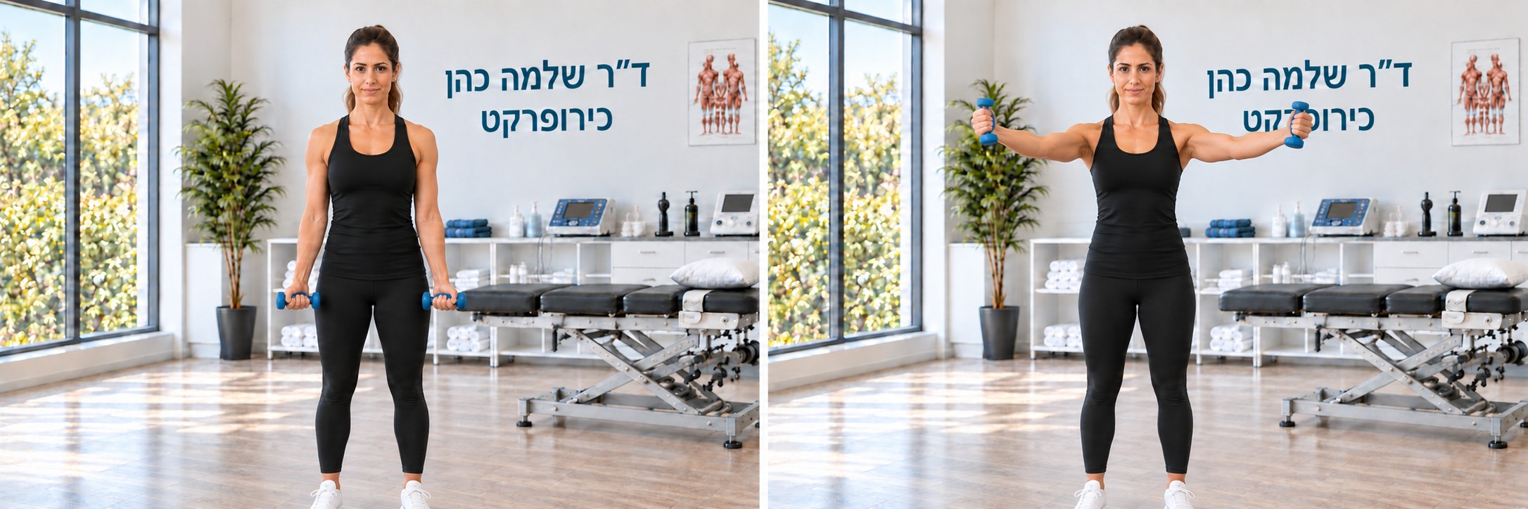 משמאל: ידיים לצדי הגוף · מימין: הרמה באלכסון עד גובה הכתפיים, אגודלים מעלה.