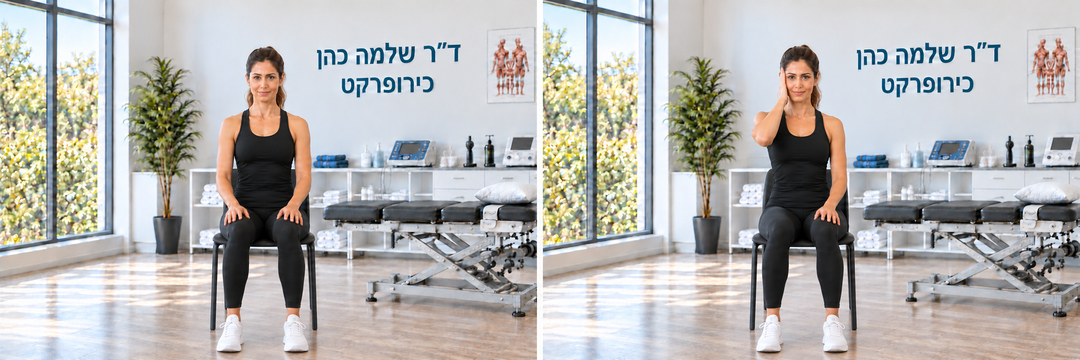 התחלה: ישיבה נוחה. ביצוע: היד מתנגדת לניסיון הטיה הצדה; הראש אינו זז. מתרגלים בשני הצדדים.