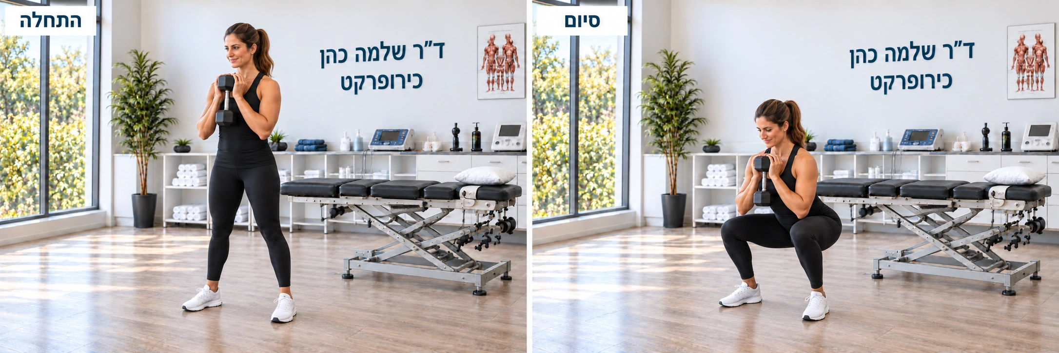 סקוואט עם משקולת מול החזה — תנוחת התחלה ותנוחת סיום