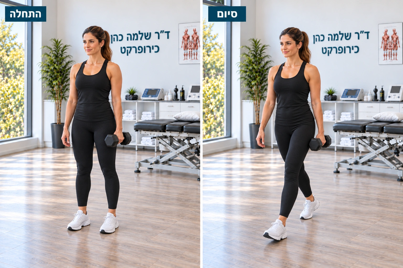 הליכה עם משקולת ביד אחת — תנוחת התחלה ותנוחת סיום