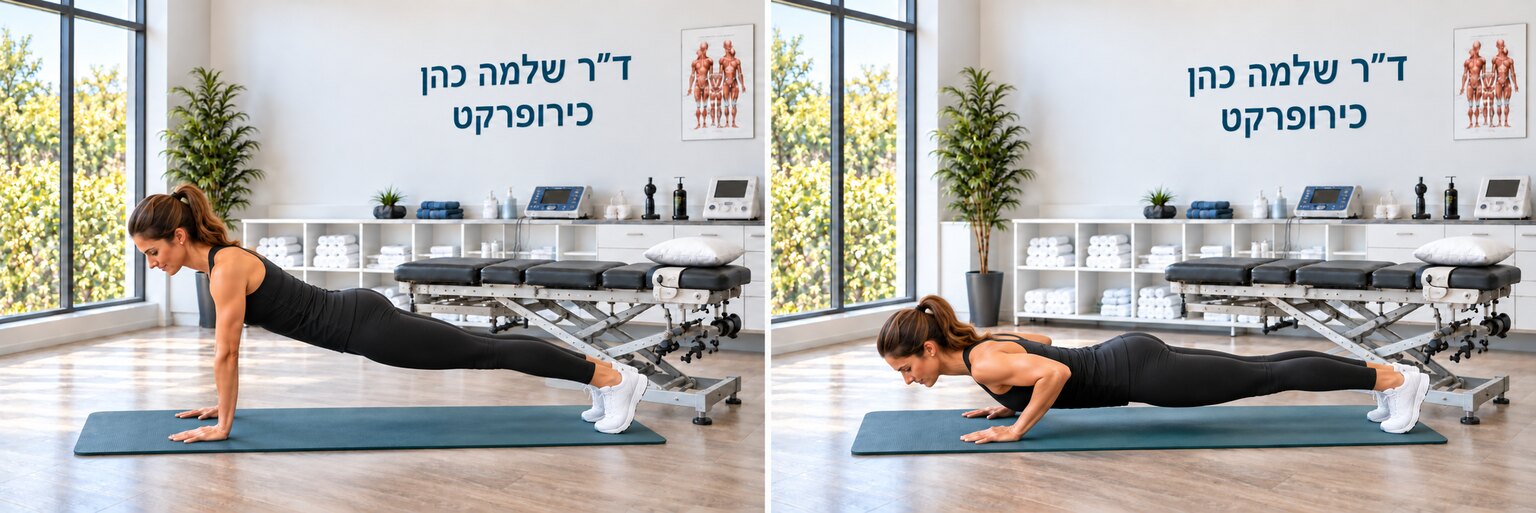 שכיבת סמיכה עם דחיפה נוספת בסיום — הדגמת תנוחת מוצא וסיום