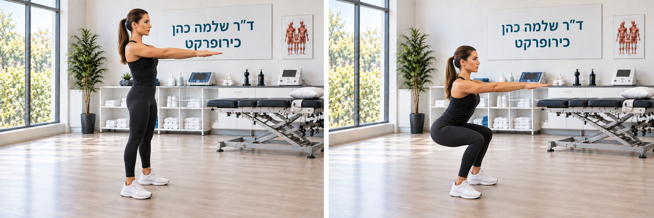 סקוואט חופשי — עמידת מוצא וכפיפת ברכיים בטווח נוח