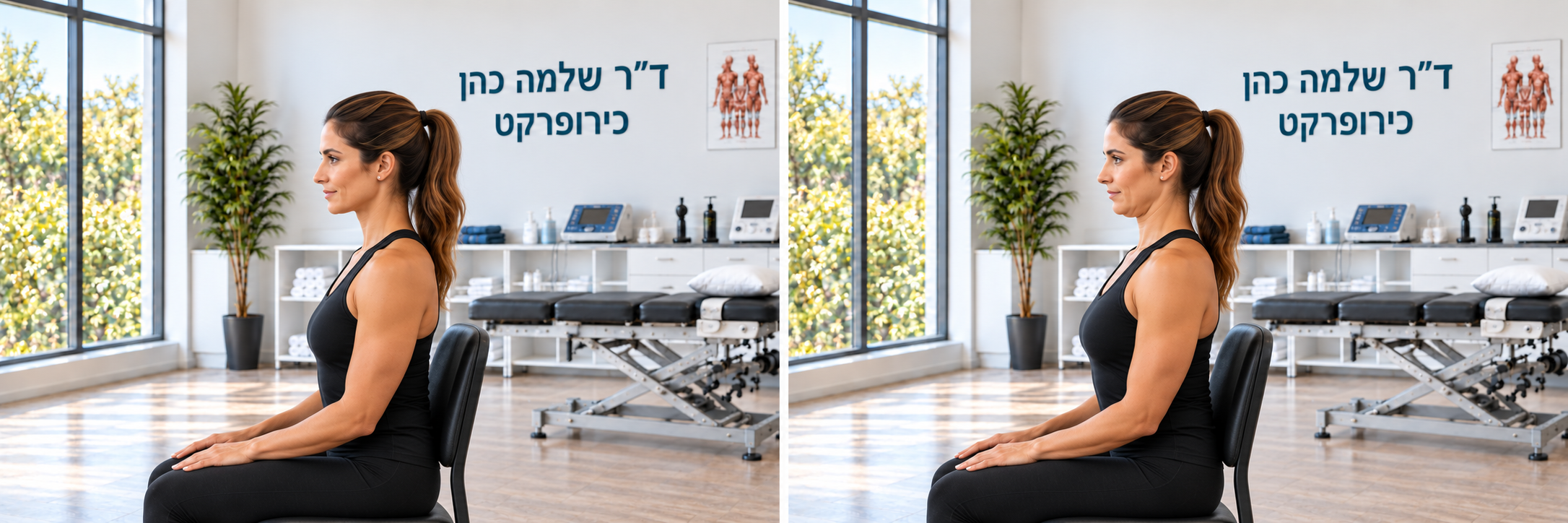 משמאל: ישיבה נוחה · מימין: החלקה קטנה של הראש לאחור, המבט קדימה.