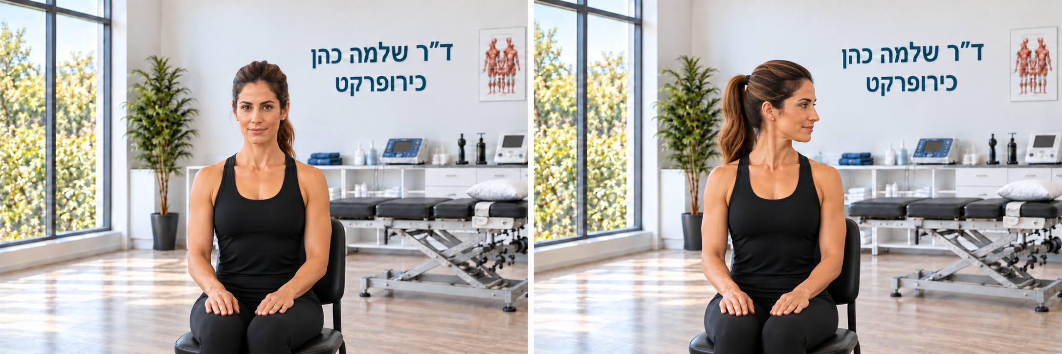 משמאל: מבט קדימה · מימין: סיבוב לצד אחד. מתרגלים גם לצד השני בטווח האישי.