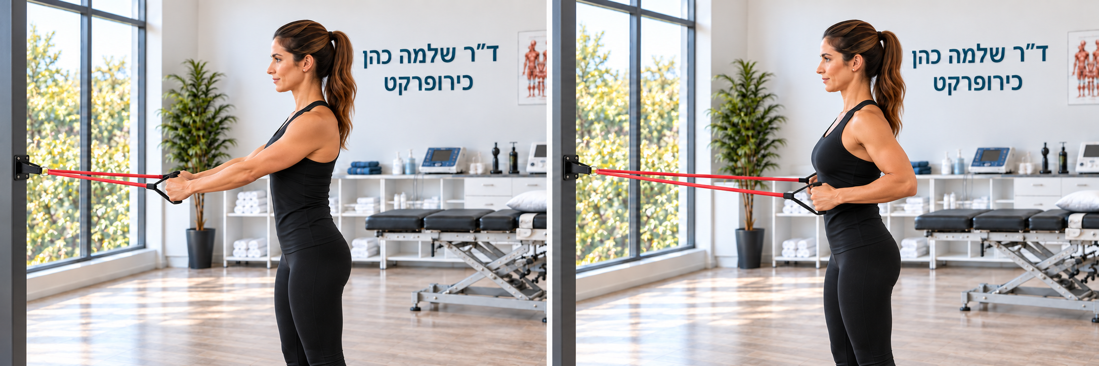משמאל: ידיים לפנים · מימין: המרפקים נמשכים לצדי הגוף, ללא הרמת כתפיים.