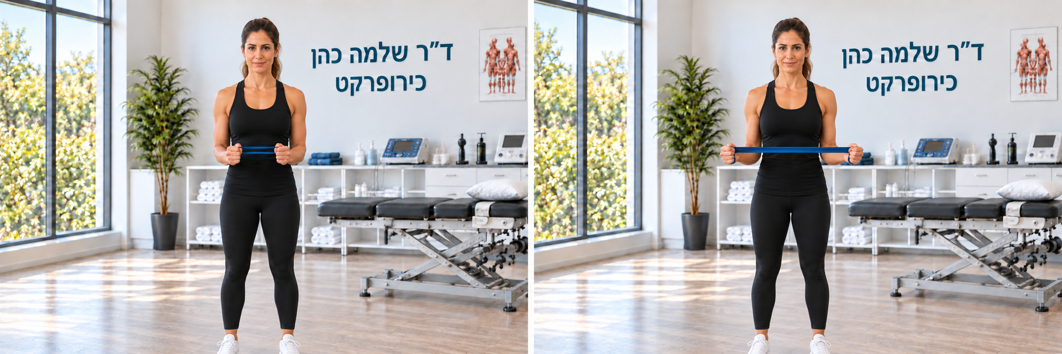 משמאל: ידיים קרובות זו לזו · מימין: הידיים נפתחות, והמרפקים נשארים סמוכים לגוף.