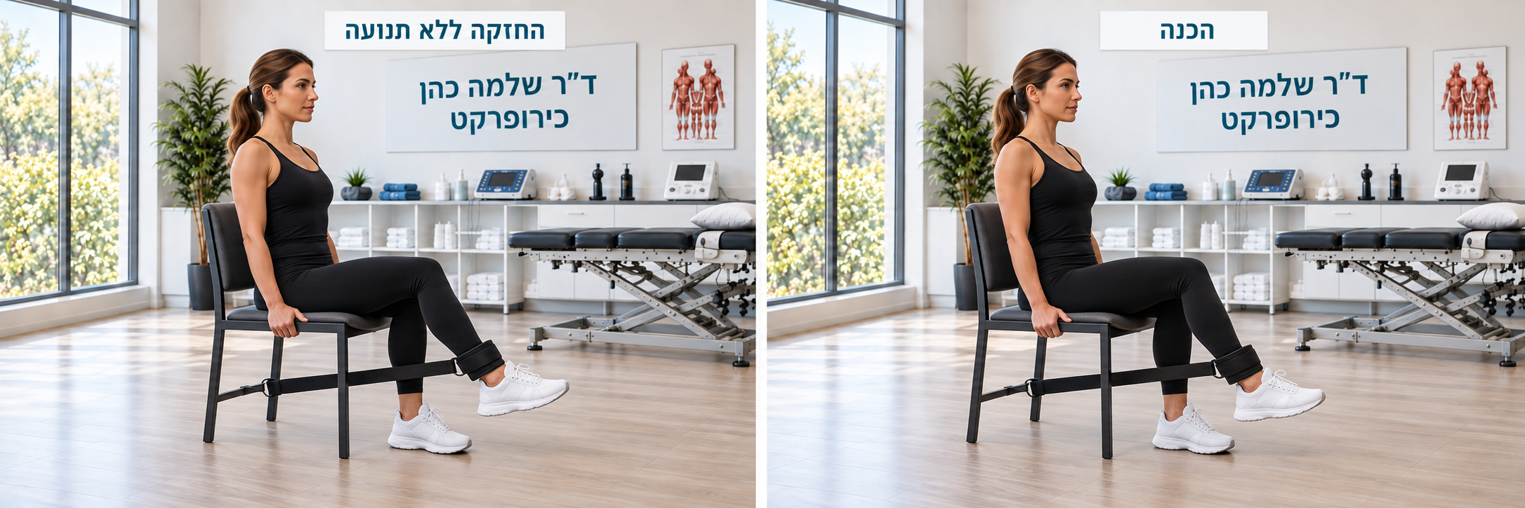 אישה מדגימה יישור ברך איזומטרי בישיבה מול רצועה מקובעת; זווית הברך נשמרת בהכנה ובהחזקה