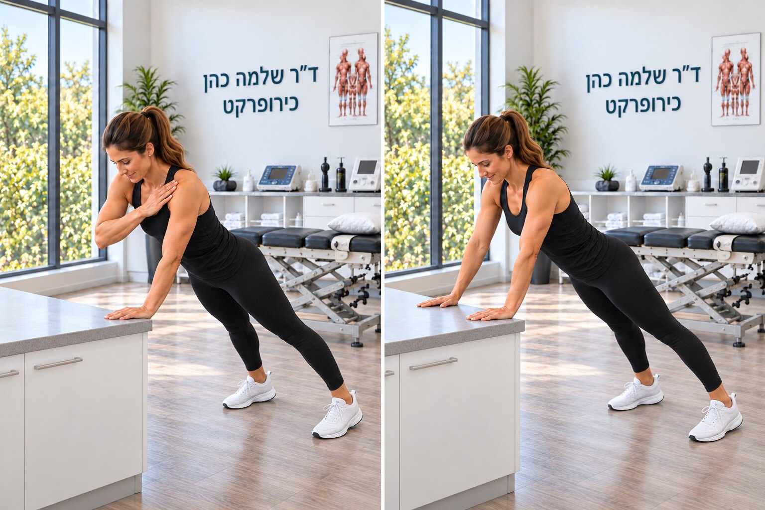 נגיעות כתף בתמיכה על משטח — הדגמת תנוחת מוצא וסיום