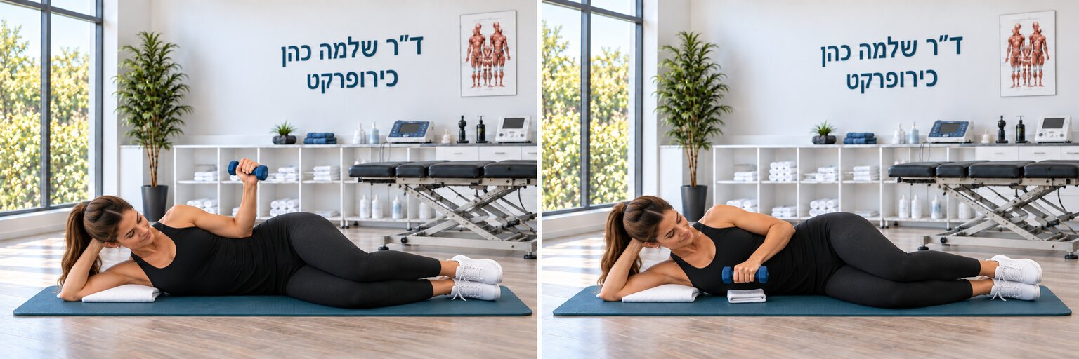חיזוק הכתף והשרוול המסובב — סיבוב חיצוני בשכיבה על הצד — הדגמת תנוחת מוצא וסיום