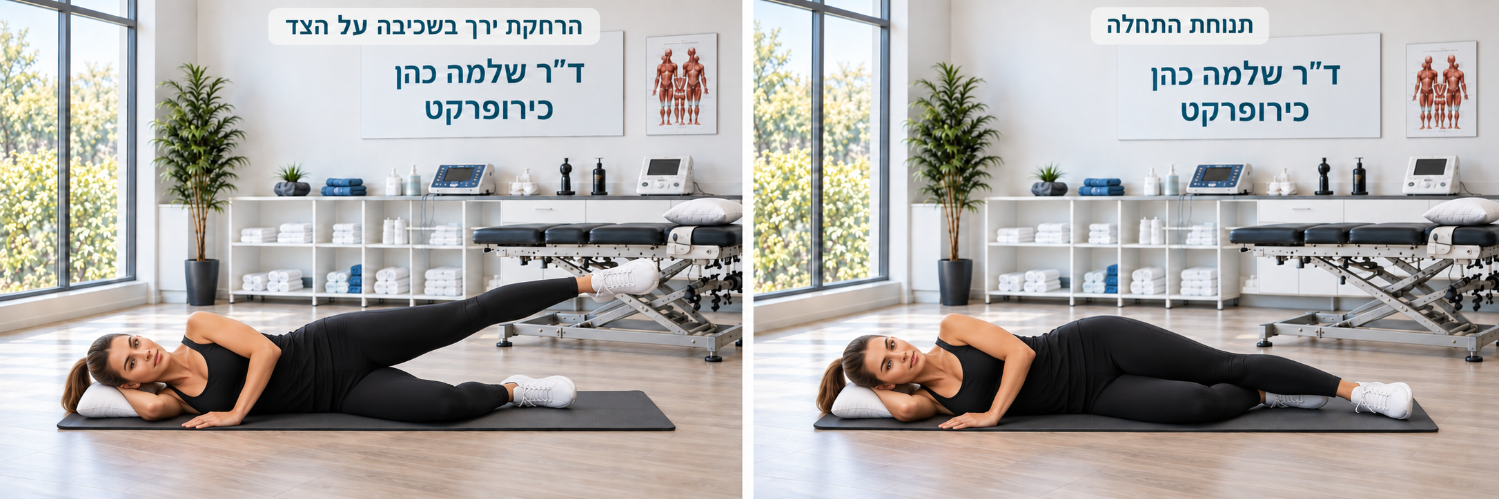 אישה בשכיבה על הצד עם רגל תחתונה כפופה ורגל עליונה ישרה; מוצגות תנוחת התחלה והרחקת הירך