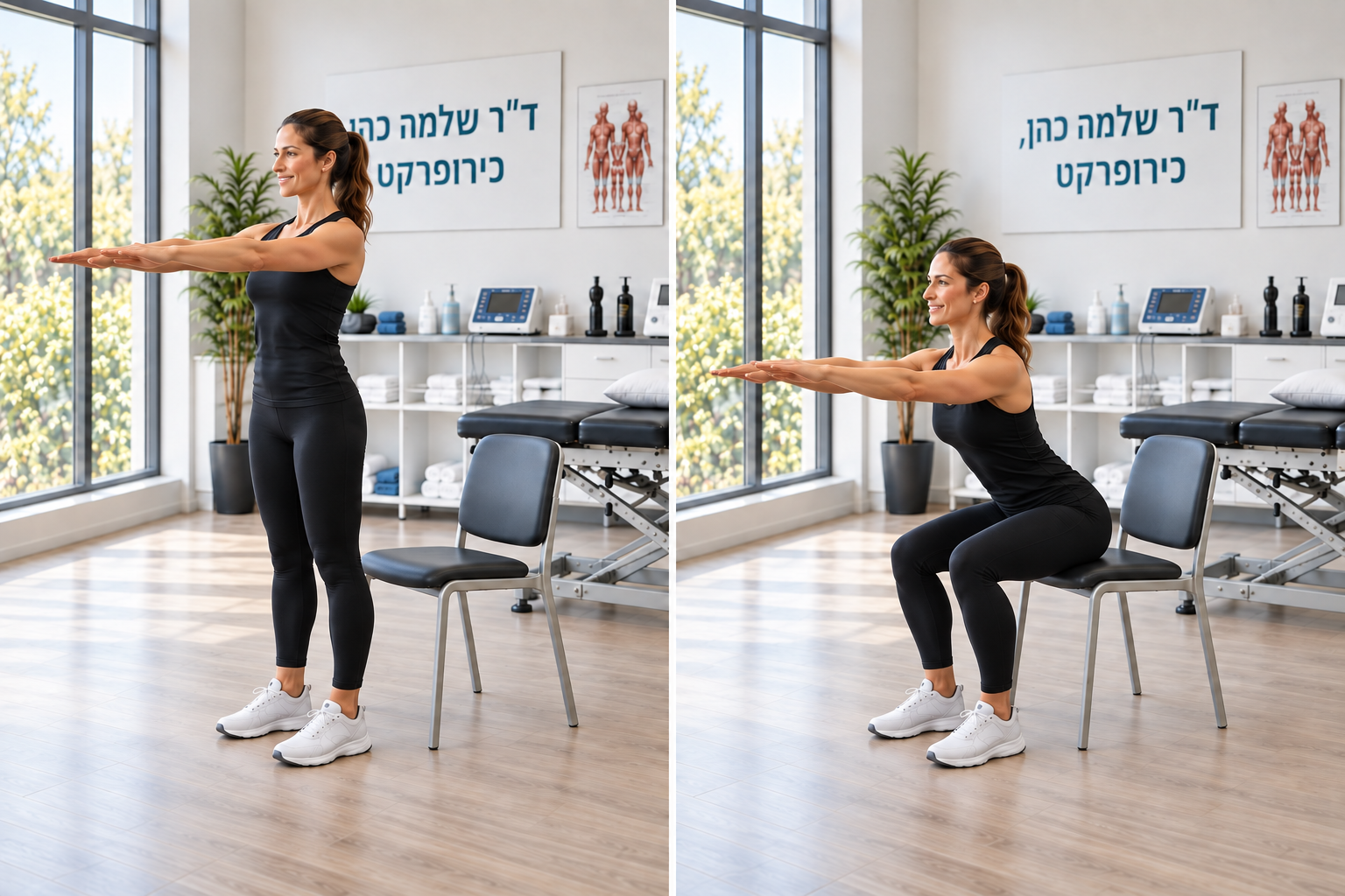 סקוואט עד נגיעה קלה בכיסא — עמידת מוצא וירידה בשליטה