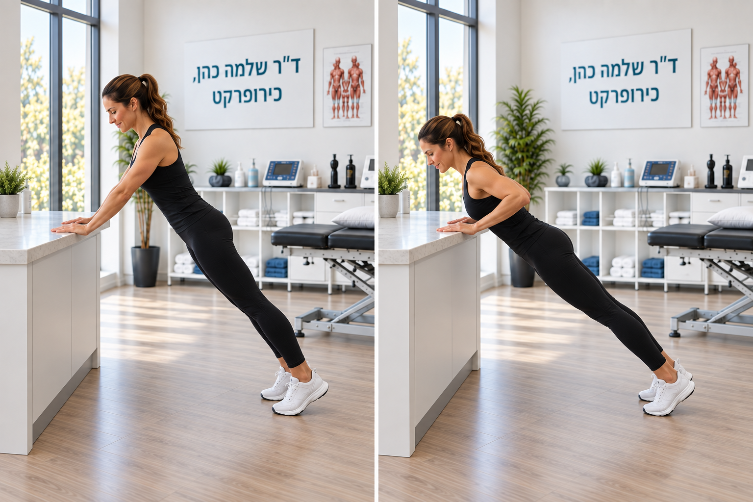שכיבות סמיכה כנגד משטח גבוה וקבוע — תנוחת מוצא וכיפוף מרפקים