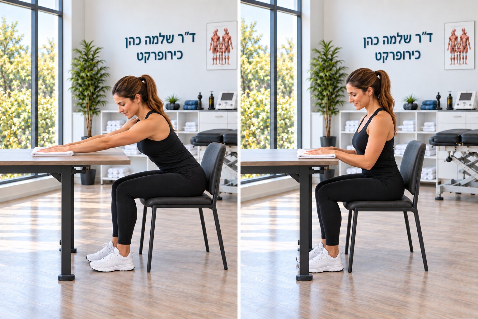 החלקת הידיים על שולחן — מימין: התחלה · משמאל: החלקה קדימה בטווח נוח.