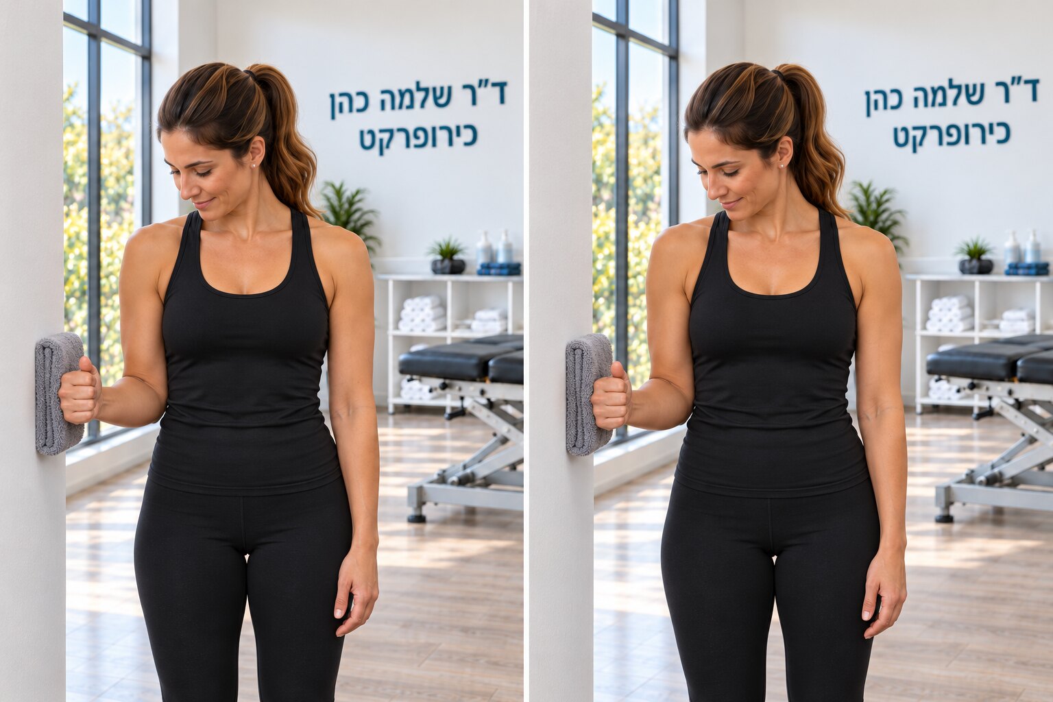 לחיצה החוצה ללא תנועה — מימין: מנוחה · משמאל: לחץ עדין החוצה אל הקיר. אין תנועה — לאחר הלחיצה משחררים.