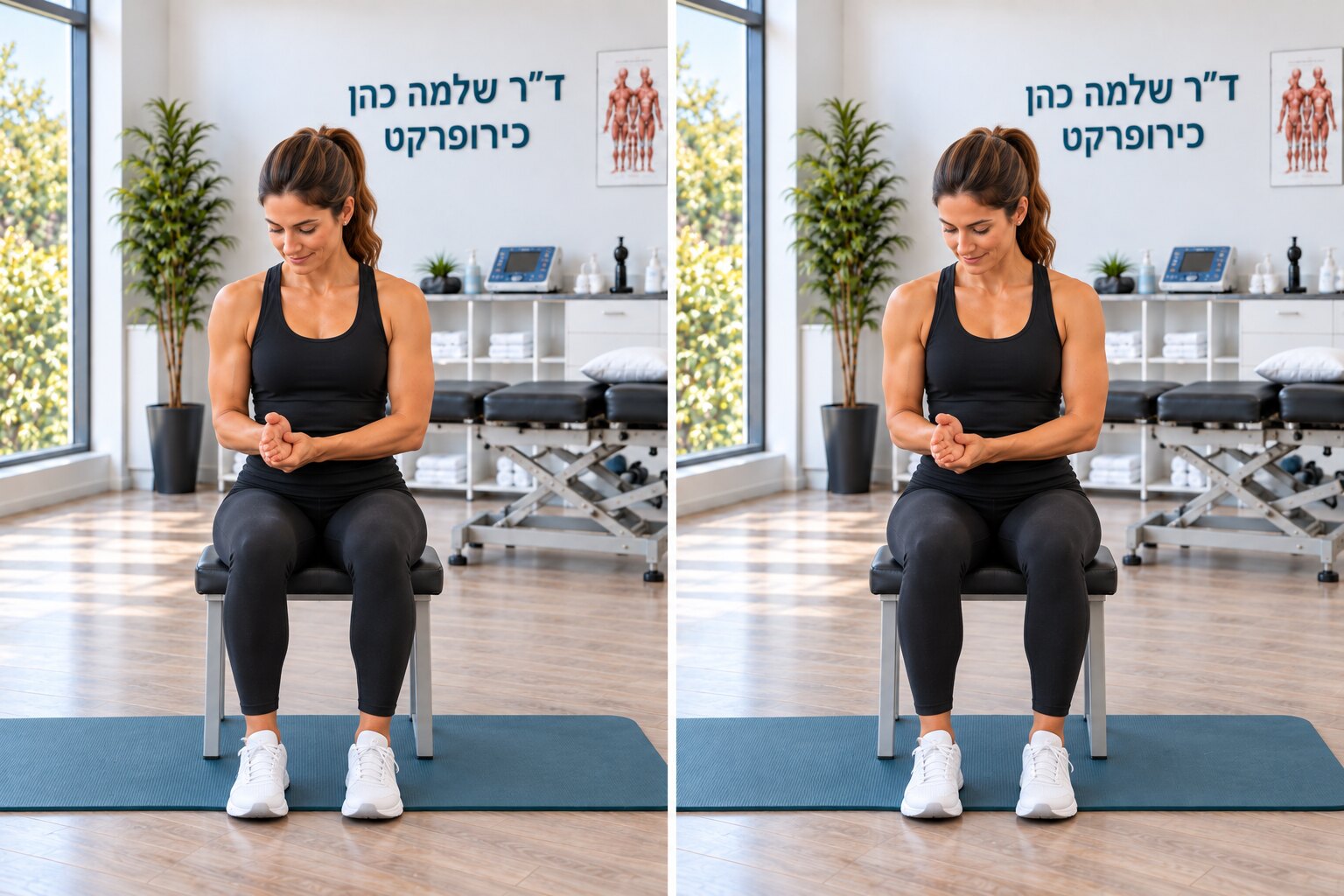 לחיצה פנימה ללא תנועה — מימין: מנוחה · משמאל: לחץ עדין פנימה כנגד היד השנייה. אין תנועה — לאחר הלחיצה משחררים.