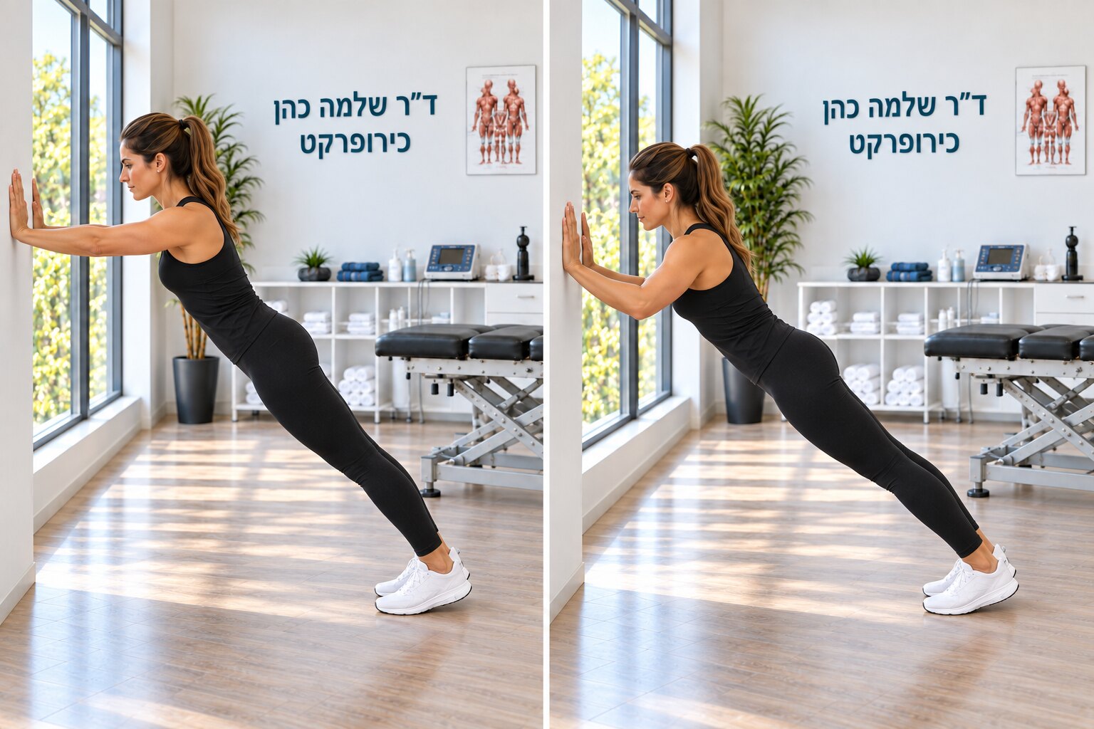 דחיפת קיר עם תנועת שכמות — הדגמת תנוחת מוצא וסיום