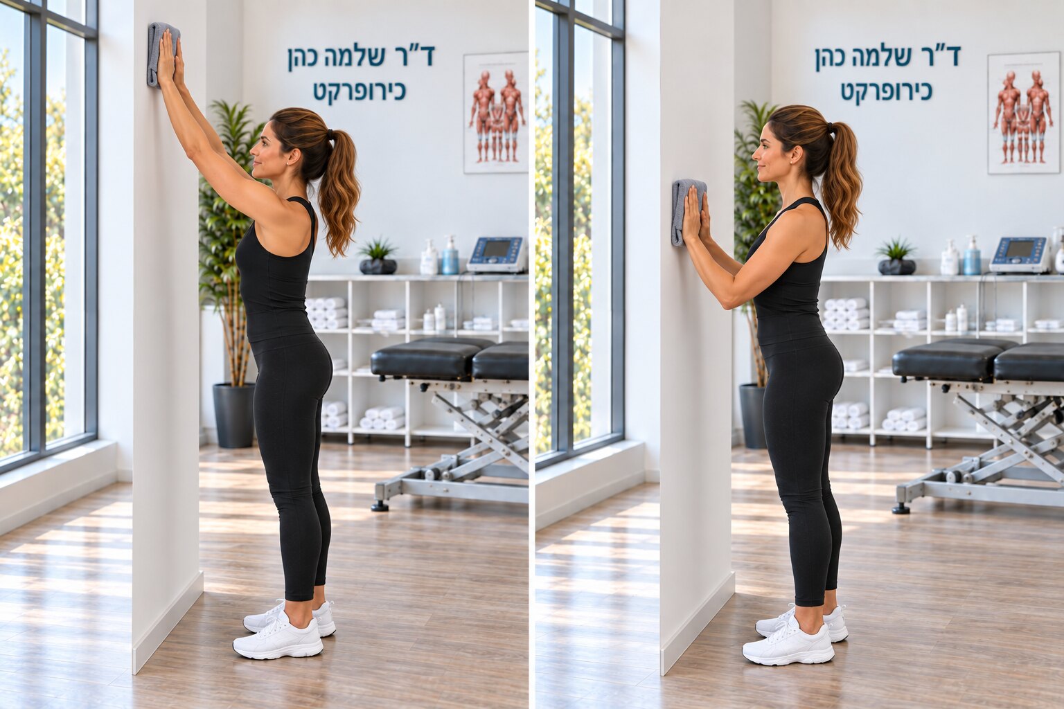 תרגילים לשיקום הכתף — החלקה על הקיר — הדגמת תנוחת מוצא וסיום