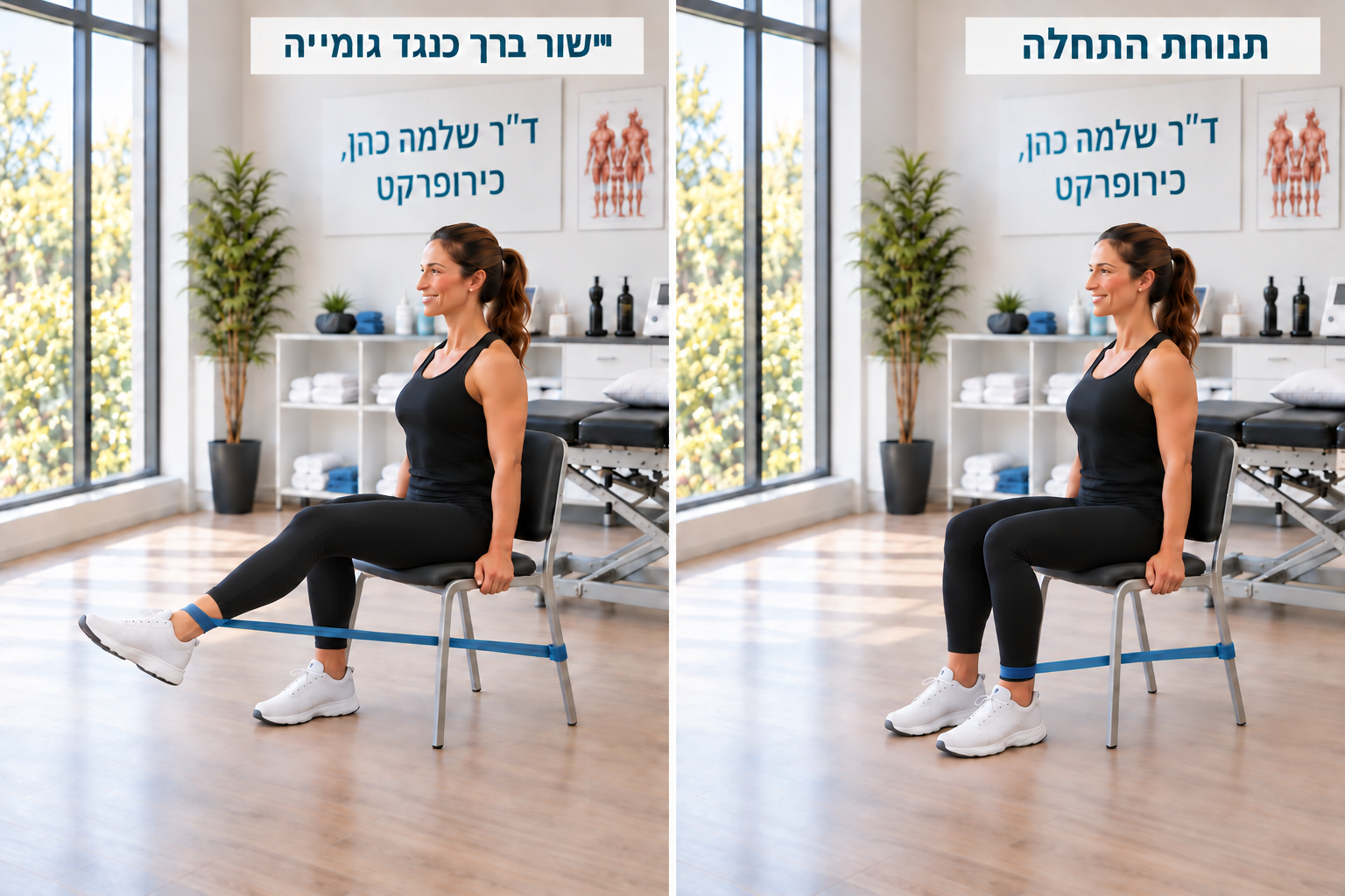הדגמת יישור ברך בישיבה כנגד גומייה, במנח ההתחלה ובמהלך היישור