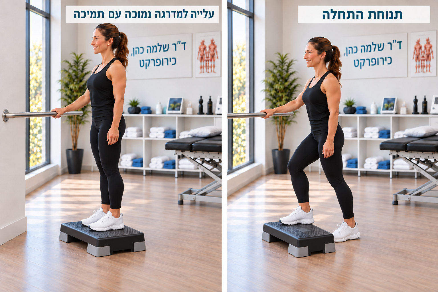 עלייה למדרגה נמוכה תוך אחיזה במעקה, מעמידת מוצא ועד עמידה על המדרגה