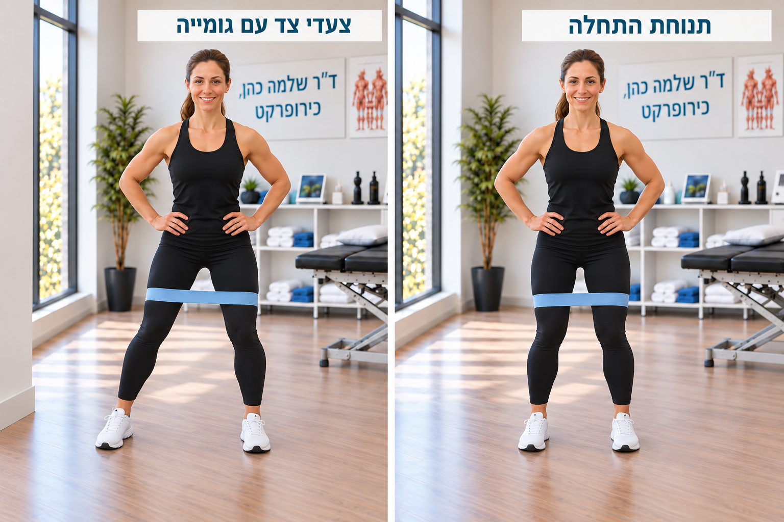 צעדי צד עם גומיית לולאה מעל הברכיים ובכיפוף קל של הברכיים
