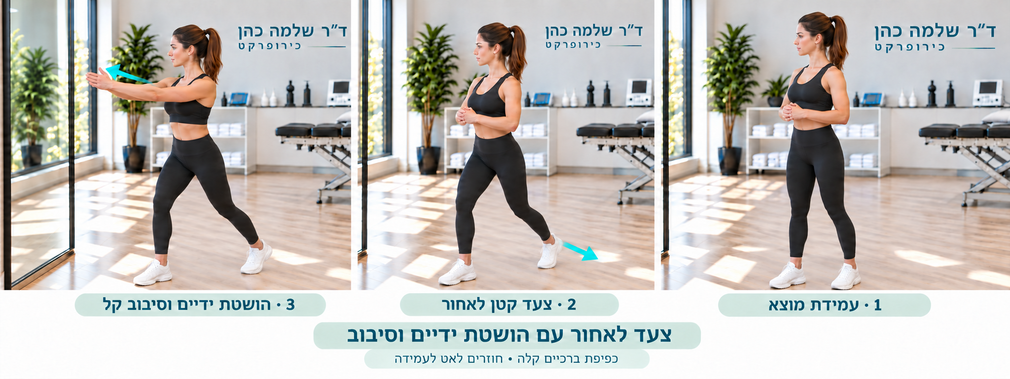 עמידת מוצא, צעד קטן לאחור והושטת ידיים עם סיבוב קל, עם חץ מתוקן לכיוון הצעד