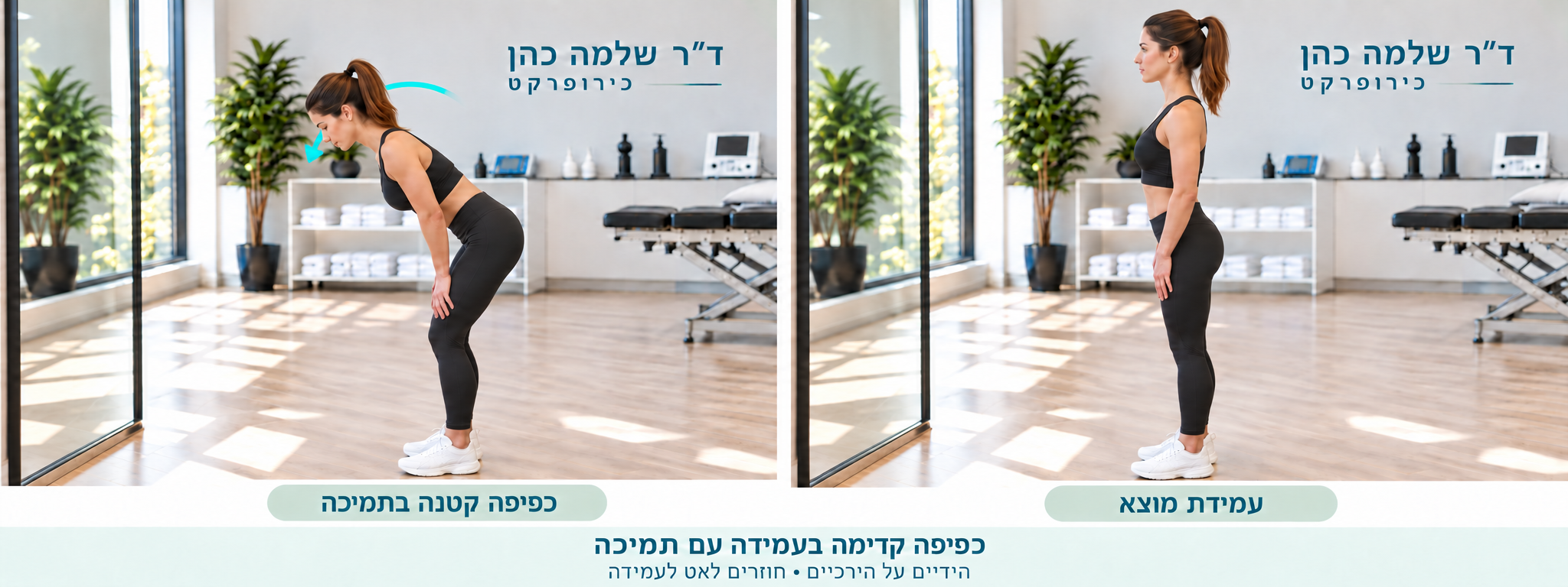 עמידה זקופה ולאחריה כפיפה קטנה קדימה, כשהידיים נתמכות על הירכיים