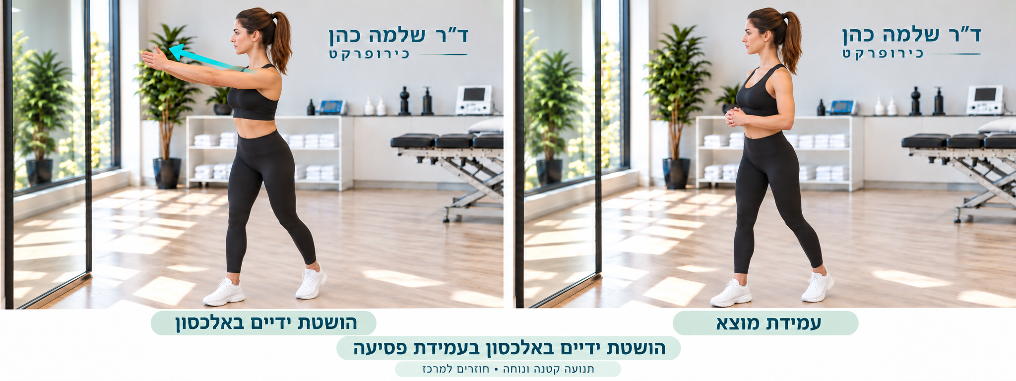 עמידה ברגליים מדורגות והושטת שתי הידיים יחד באלכסון לפנים