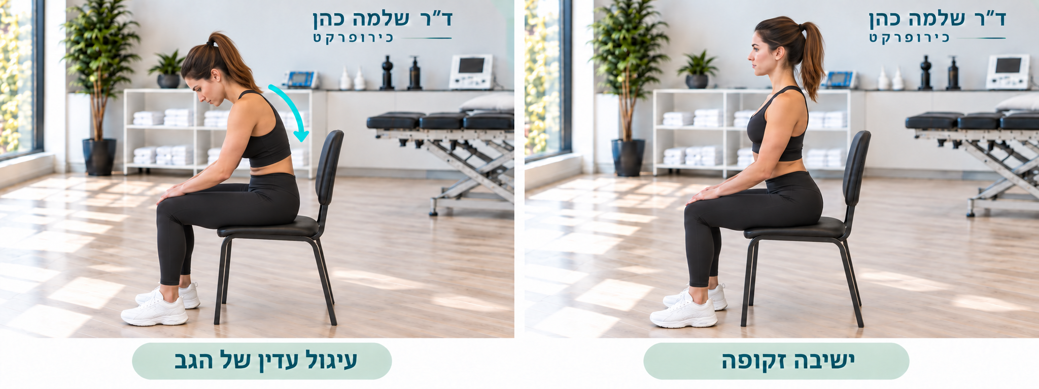ישיבה זקופה לצד ישיבה עם עיגול עדין של הגב, כשהידיים מונחות על הירכיים