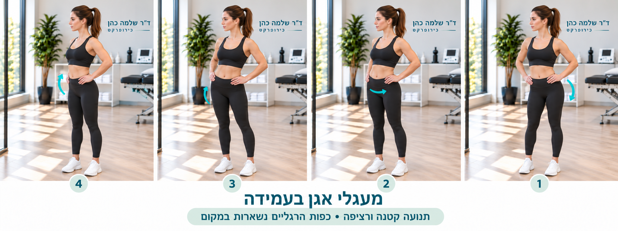 ארבע תנוחות המדגימות תנועת אגן מעגלית בעמידה, עם ידיים על האגן