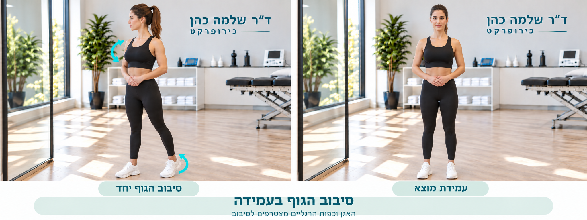 עמידת מוצא וסיבוב הגוף יחד עם האגן וכפות הרגליים, תוך הרמה קלה של עקב