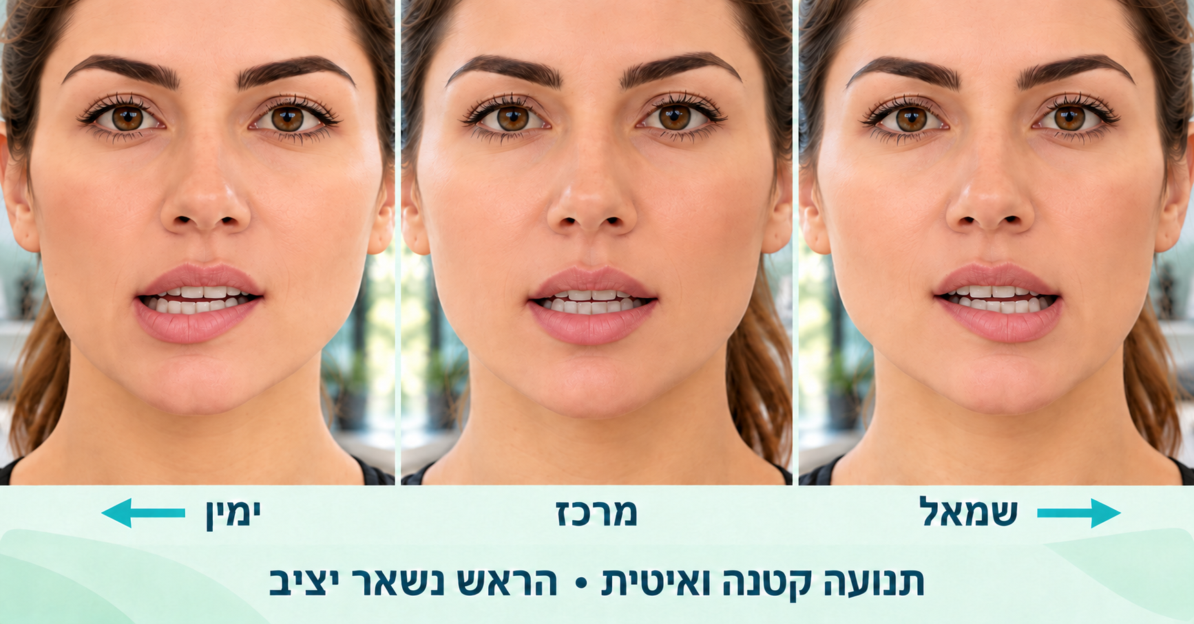 שלוש תמונות תקריב של הלסת: תנועה לימין האישה, מנח מרכז ותנועה לשמאלה, עם חצים לכיוונים מנוגדים