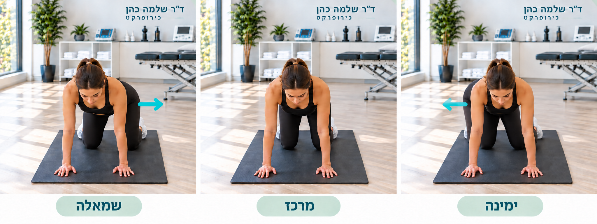 שלוש תנוחות בעמידת שש: אגן במרכז והסטות לשני הצדדים, עם חצים ישרים המציינים את כיוון התנועה