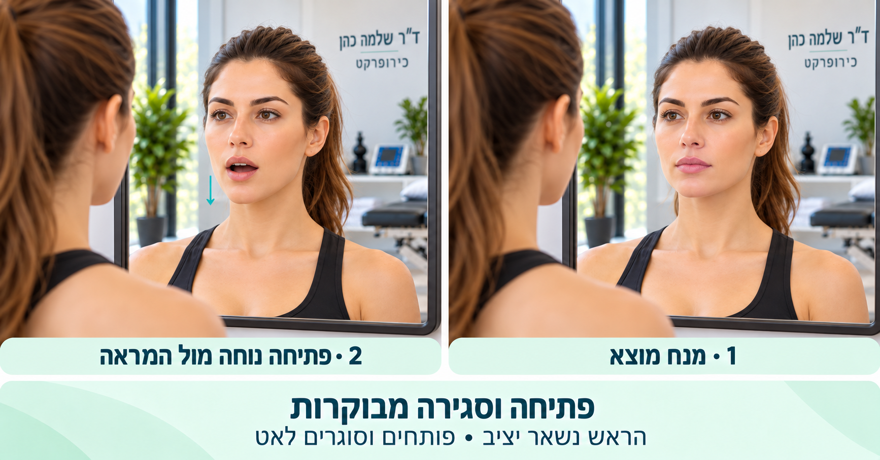 אישה מתבוננת במראה: מנח מוצא ופתיחה נוחה של הפה, עם חץ מטה להמחשת הפתיחה