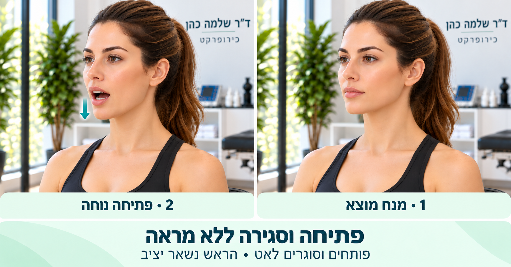 שתי תמונות של אישה ללא מראה: מימין מנח מוצא ומשמאל פתיחה נוחה, עם חץ מטה ליד הסנטר