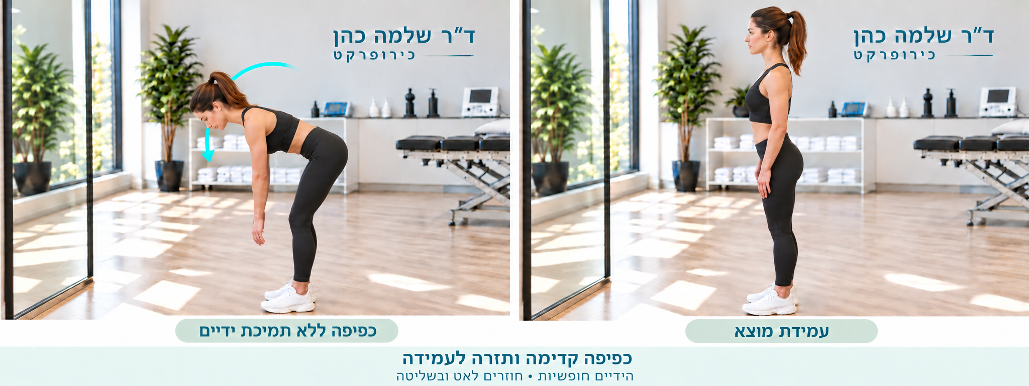 עמידה זקופה וכפיפה קדימה כשהזרועות תלויות בחופשיות ללא תמיכה על הירכיים